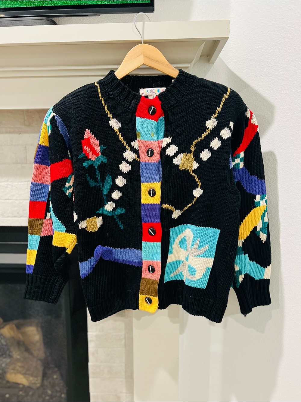 Vintage 1989 Novelty Colorful Knit Cardigan Sweater with Shoulder Pads